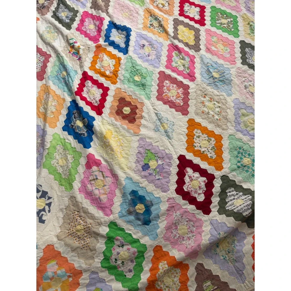 Vintage Handmade Grandmothers Flower Garden Patchwork Quilt Hexagon Multi 96x74